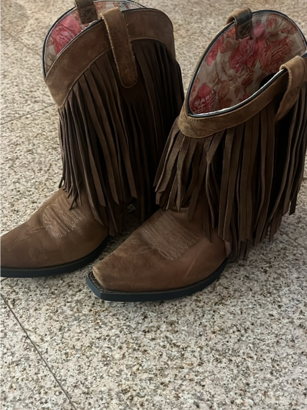 Ariat Brown Suede Fringe Western Ankle Booties with Floral Lining